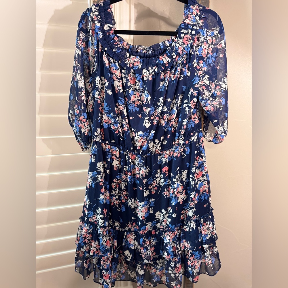 Westport Blue Dress with Ruffle Hem and off shoulder balloon sleeves sheer XL
